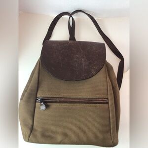 L.L. Bean Vintage Drawstring Backpack Brown Leather & Woven Canvas Retro Style